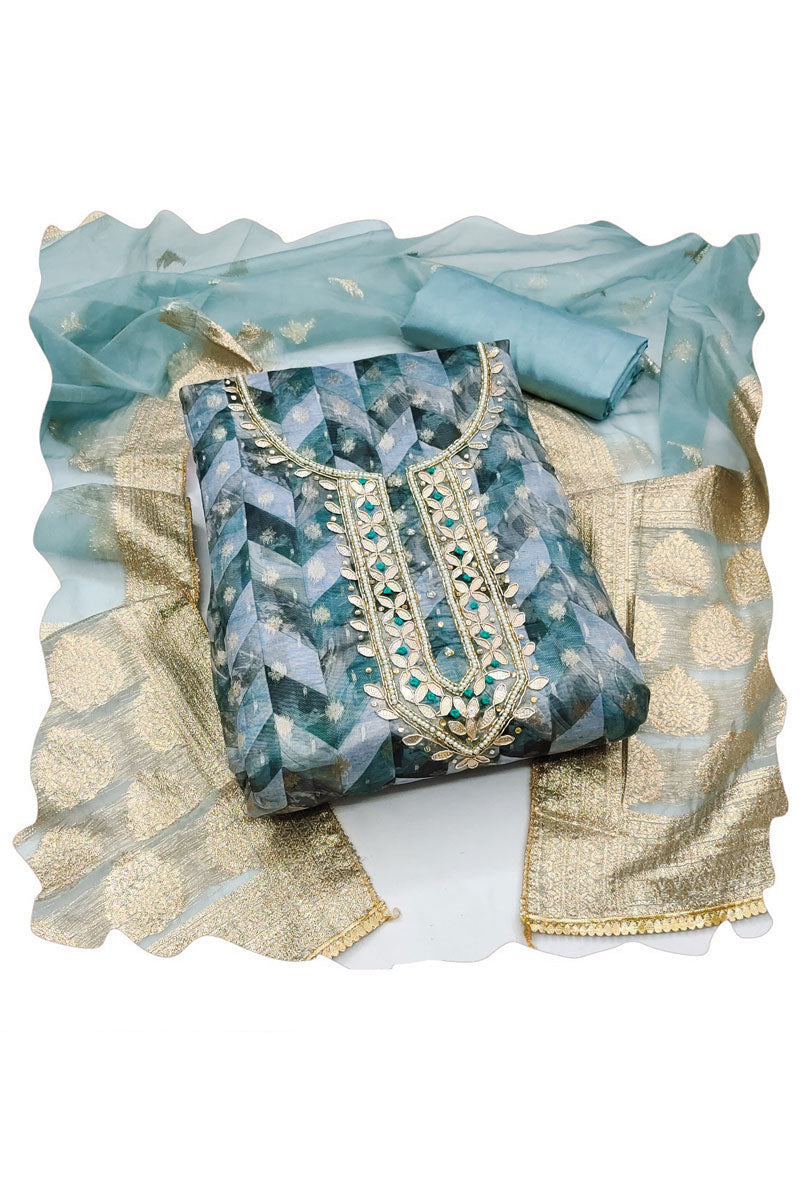 Light Cyan Festive Wear Hand Work Banarasi Organza Salwar Suit