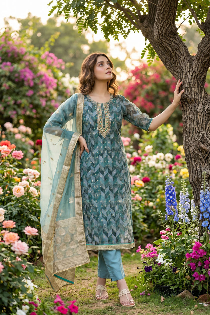 Light Cyan Festive Wear Hand Work Banarasi Organza Salwar Suit