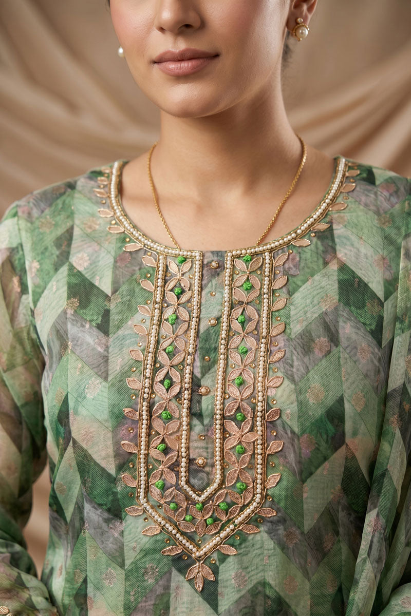 Festive Wear Hand Work Sea Green Banarasi Organza Salwar Suit