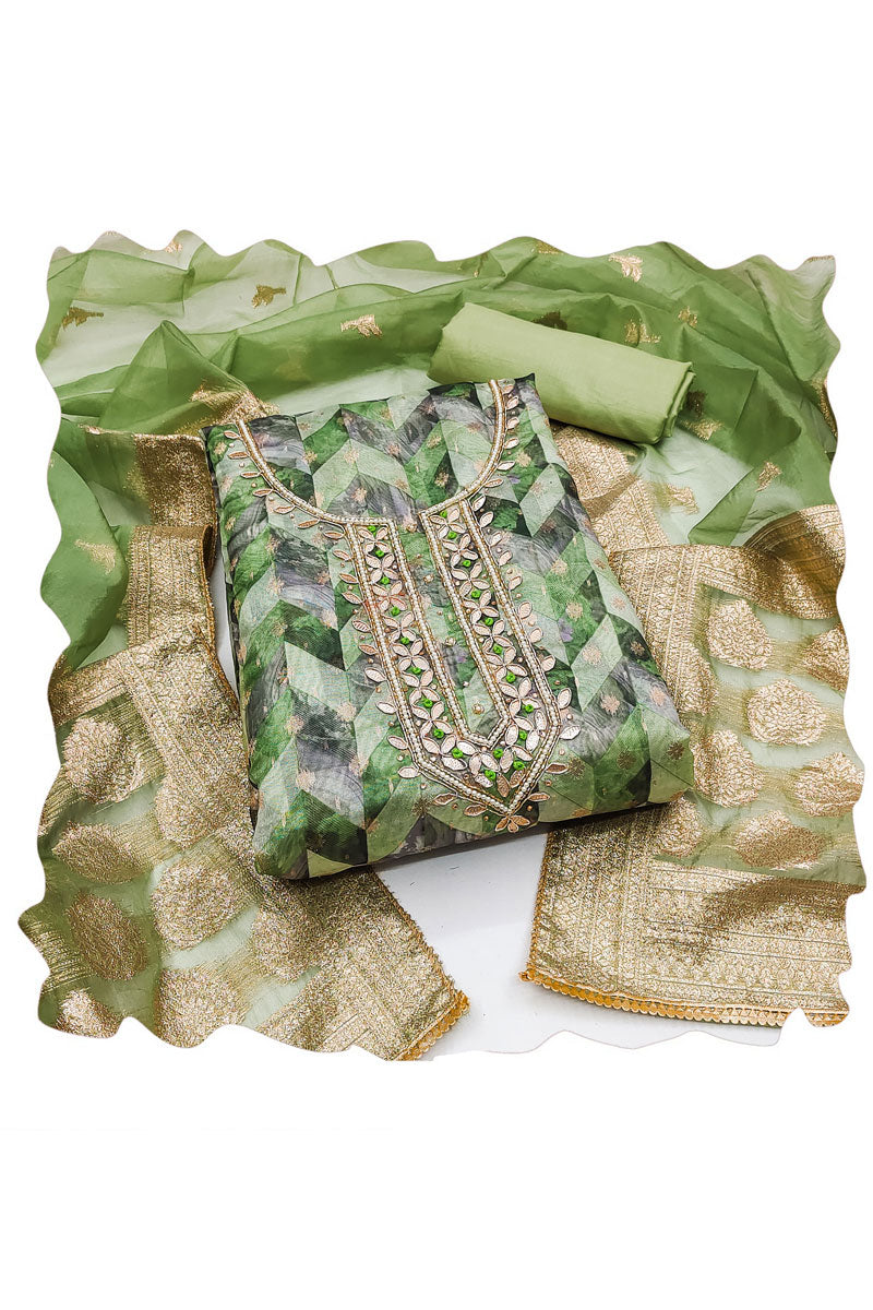 Festive Wear Hand Work Sea Green Banarasi Organza Salwar Suit