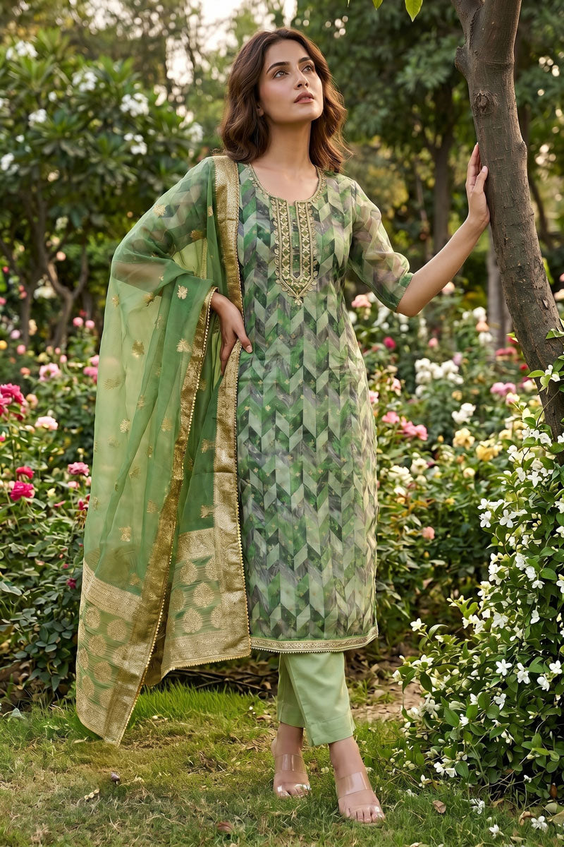 Festive Wear Hand Work Sea Green Banarasi Organza Salwar Suit