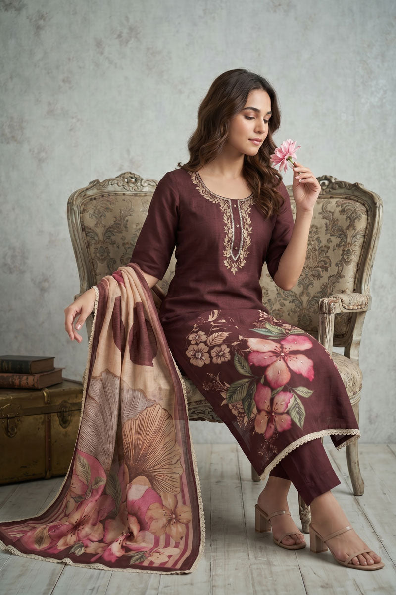 Festive Style Linen Cotton Printed Brown Salwar Suit