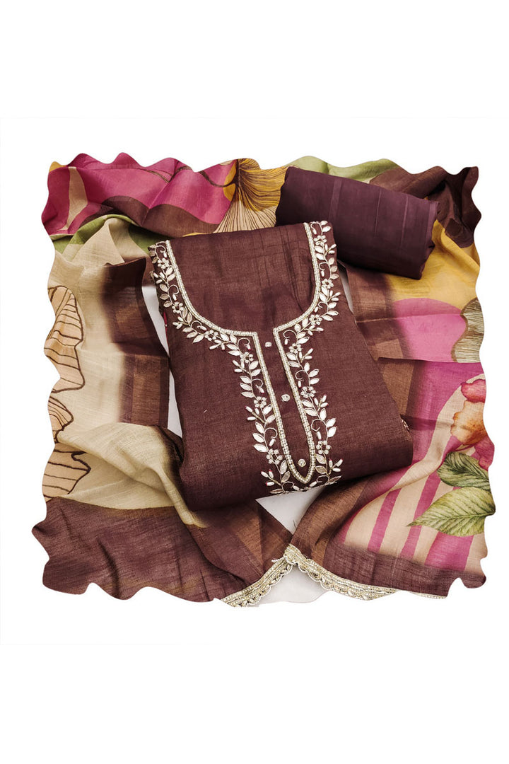 Festive Style Linen Cotton Printed Brown Salwar Suit