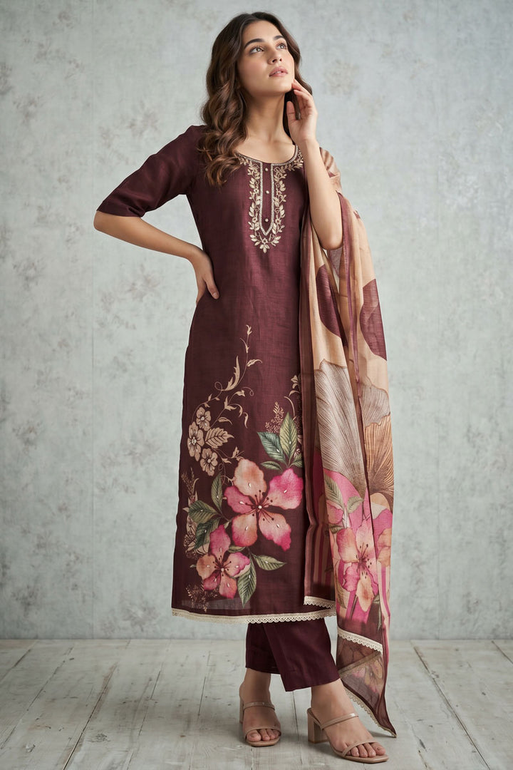 Festive Style Linen Cotton Printed Brown Salwar Suit