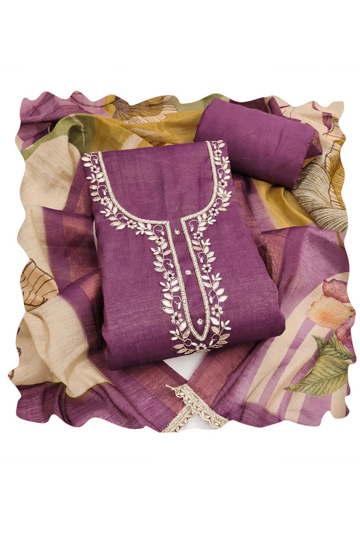 Stylish Printed Linen Cotton Purple Salwar Suit For Festival