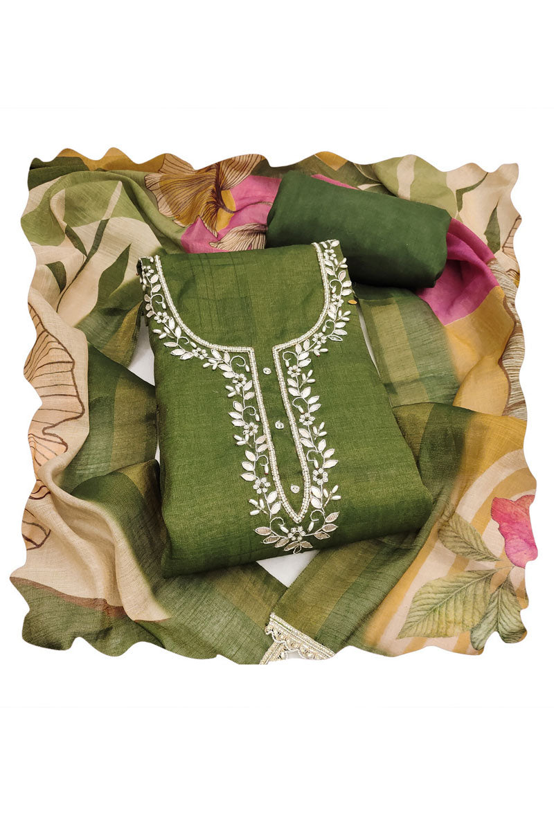 Classic Linen Cotton Printed Green Salwar Suit For Festival