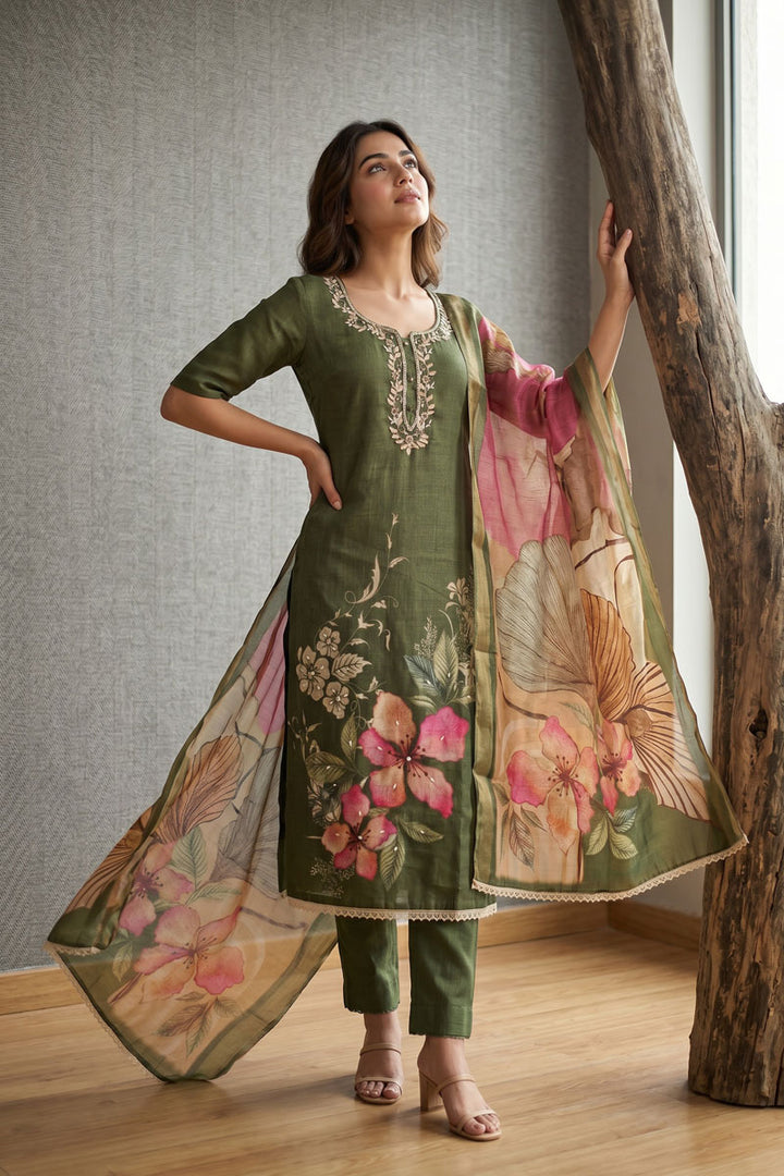 Classic Linen Cotton Printed Green Salwar Suit For Festival