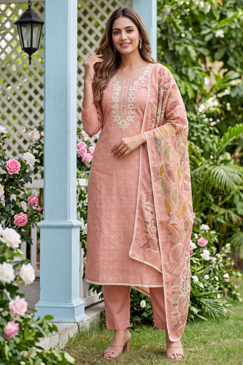 Peach Color Attractive Cotton Embroidered Salwar Suit | Buy Online India