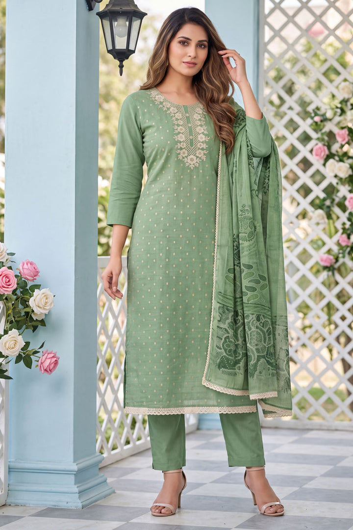 Green Color Sober Embroidered Cotton Salwar Suit | Buy Online India