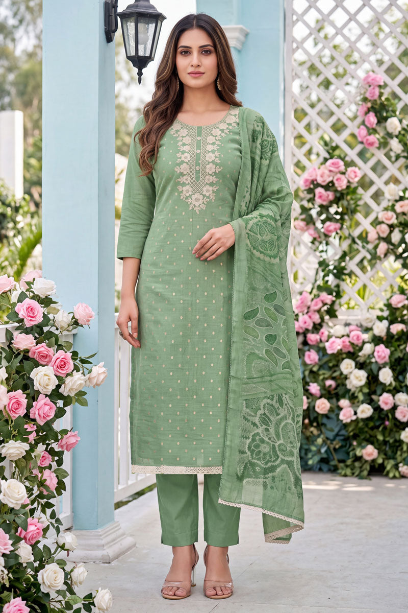 Green Color Sober Embroidered Cotton Salwar Suit | Buy Online India