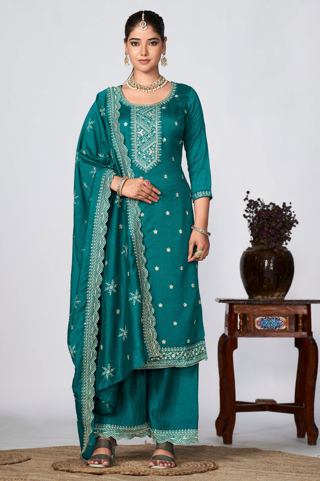 Engaging Cyan Color Fancy Fabric Festive Wear Palazzo Suit | Buy Online India