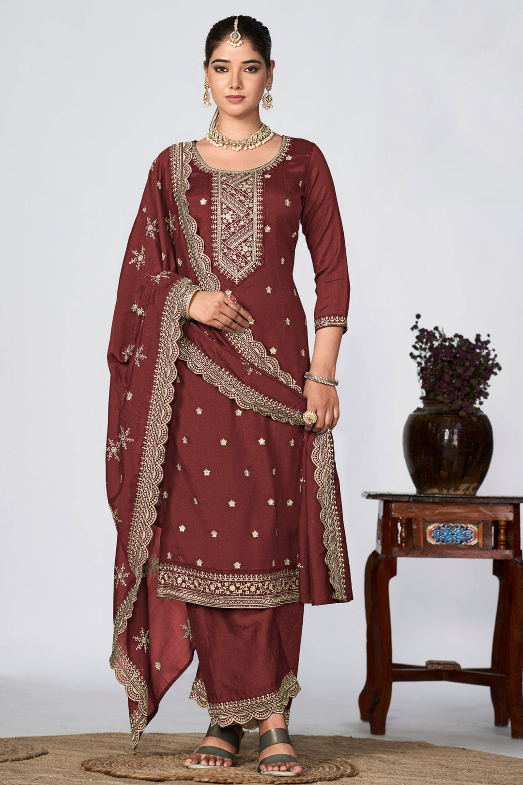 Classic Brown Color Festive Wear Palazzo Suit In Fancy Fabric | Buy Online India