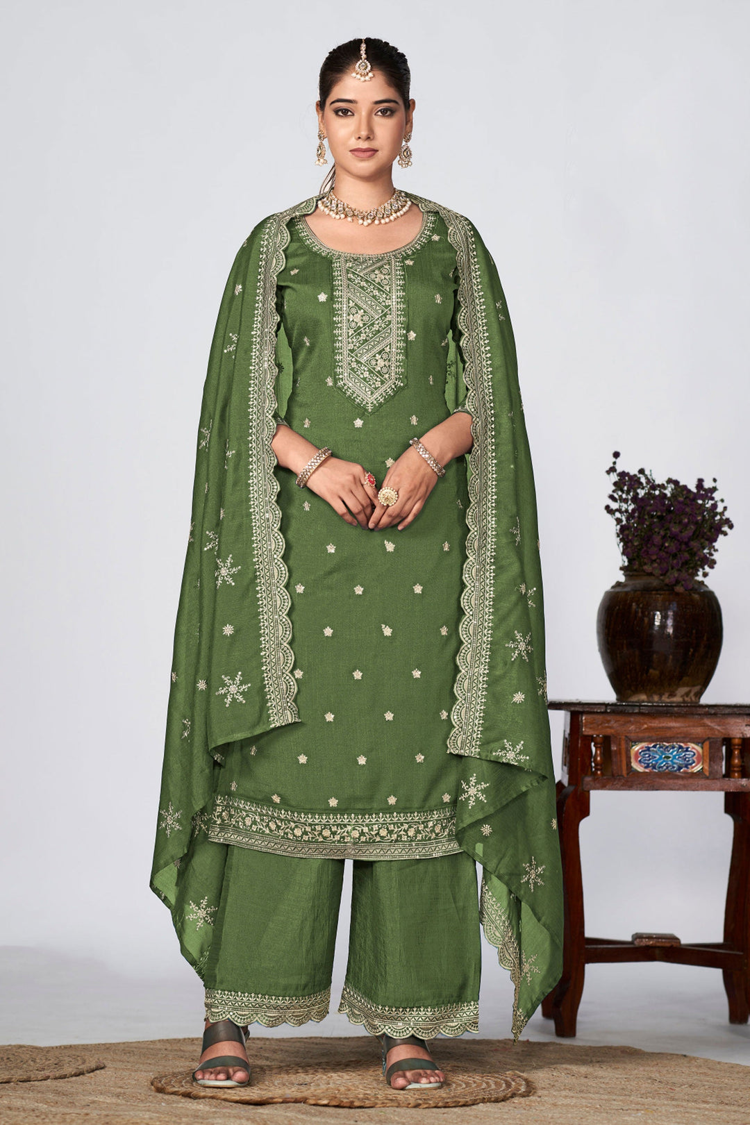 Fancy Fabric Green Color Festive Wear Winsome Palazzo Suit | Buy Online India