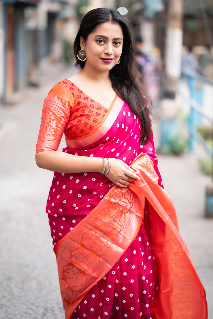 Rani Color Glorious Bandhani Style Printed Art Silk Saree | Buy Online India
