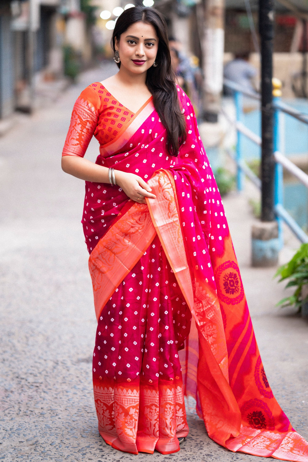 Rani Color Glorious Bandhani Style Printed Art Silk Saree | Buy Online India