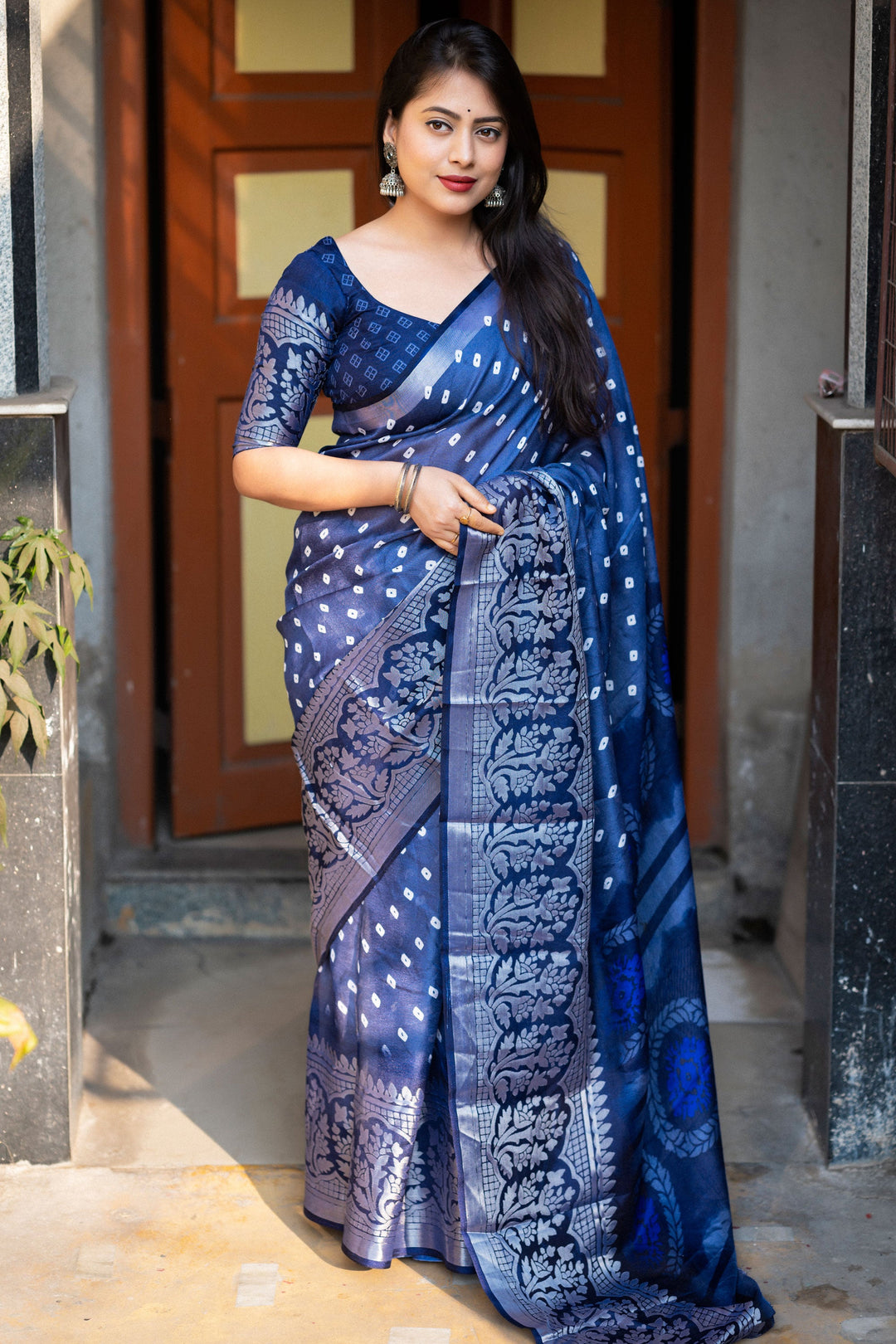 Delicate Navy Blue Color Bandhani Style Printed Art Silk Saree | Buy Online India