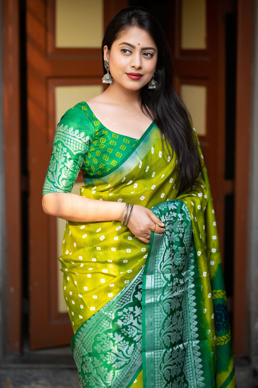 Blazing Green Color Bandhani Style Printed Art Silk Saree | Buy Online India