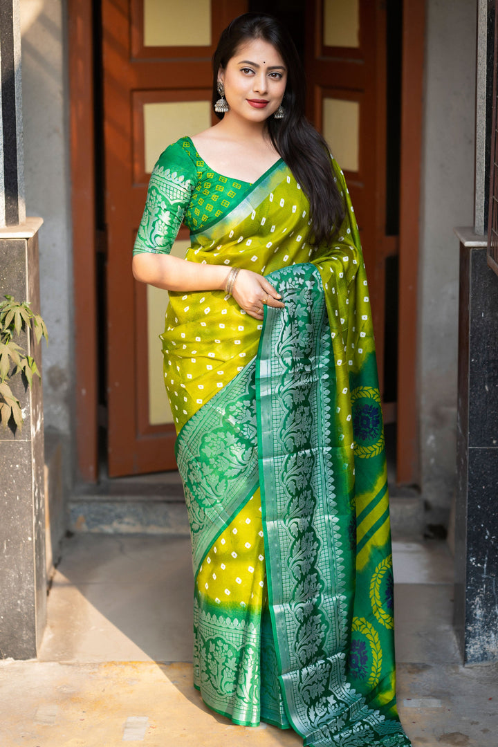 Blazing Green Color Bandhani Style Printed Art Silk Saree | Buy Online India