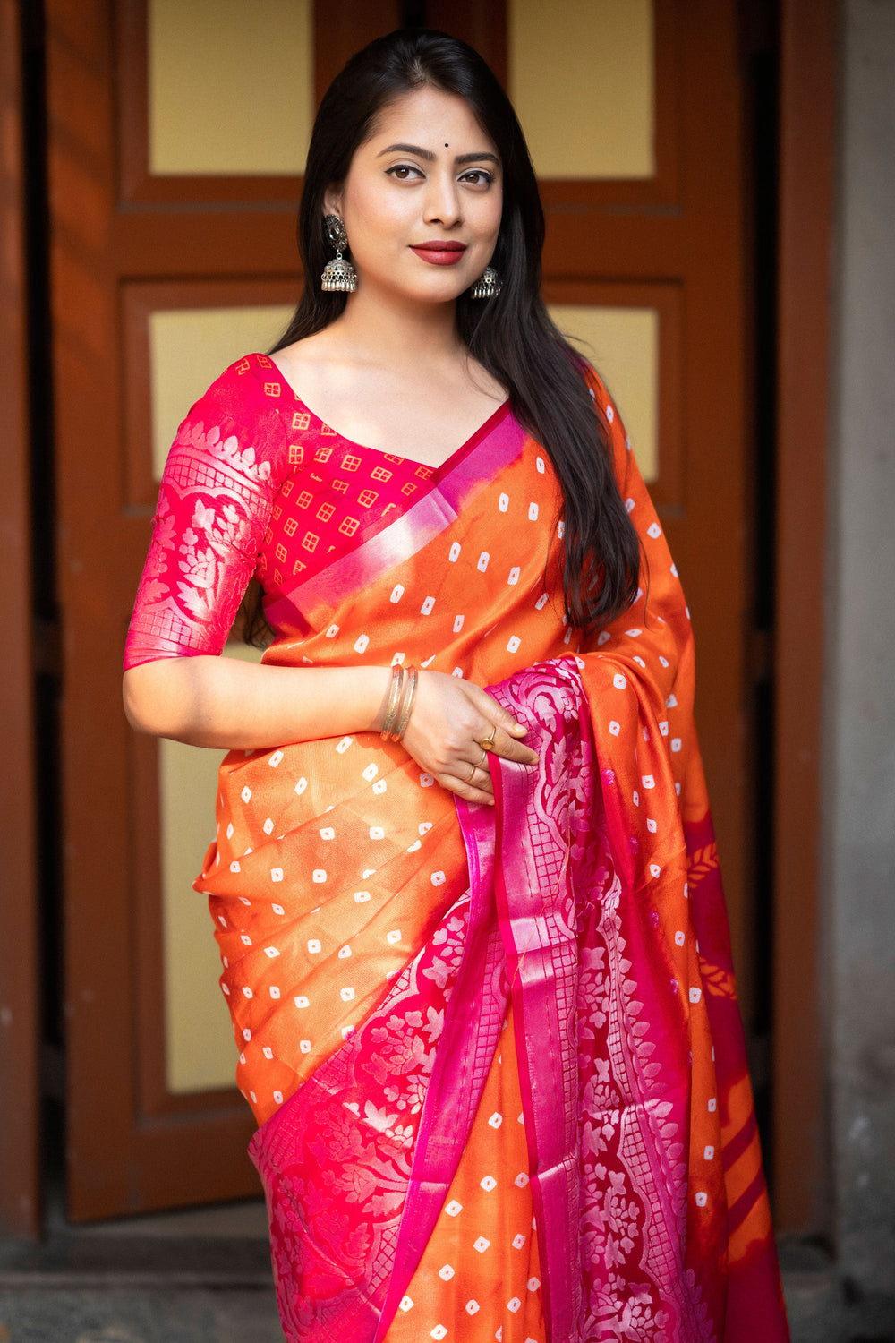 Orange Color Glamorous Bandhani Style Printed Art Silk Saree | Buy Online India