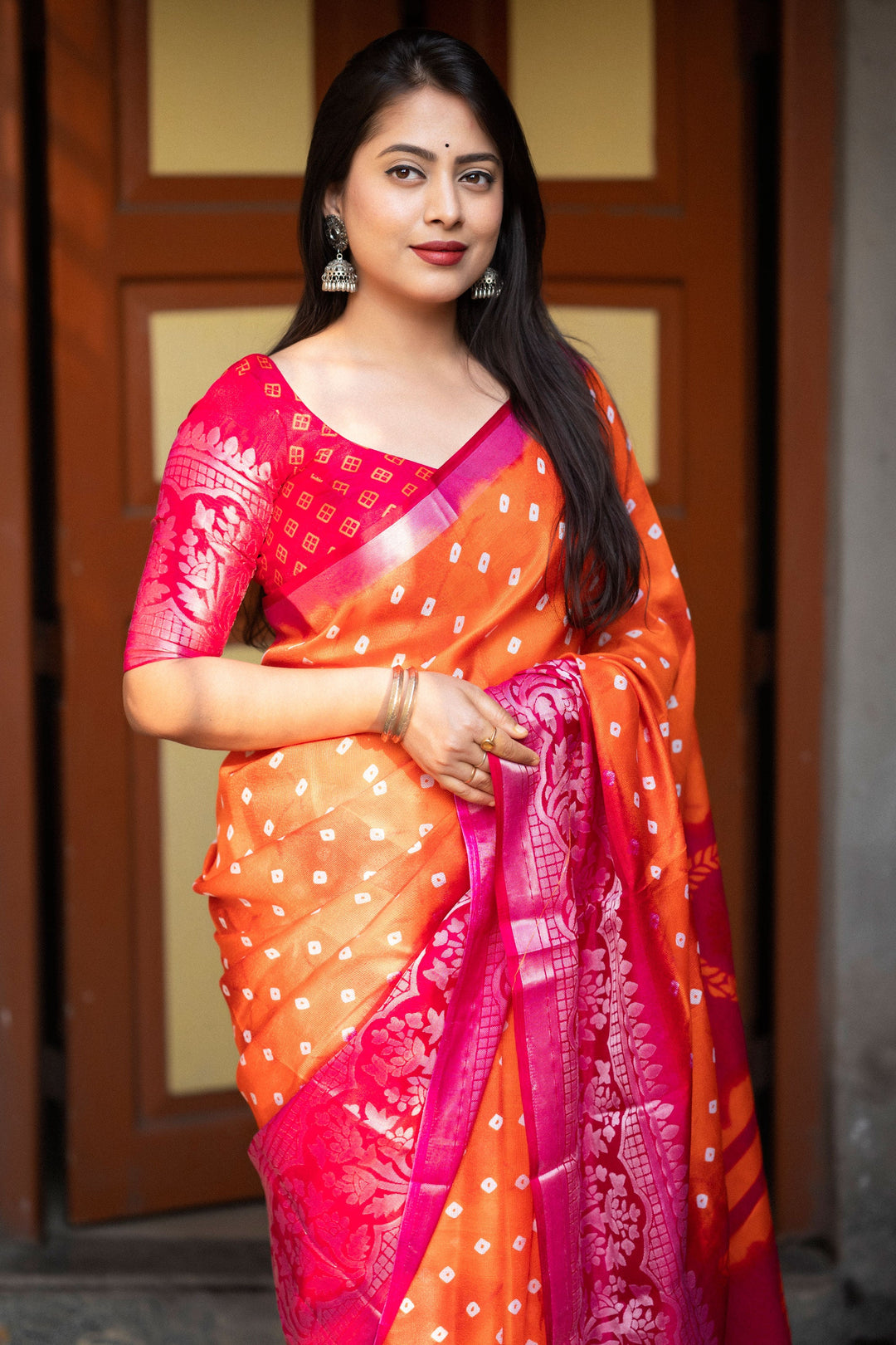 Orange Color Glamorous Bandhani Style Printed Art Silk Saree | Buy Online India