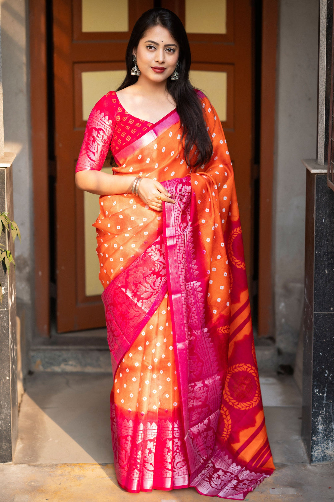 Orange Color Glamorous Bandhani Style Printed Art Silk Saree | Buy Online India