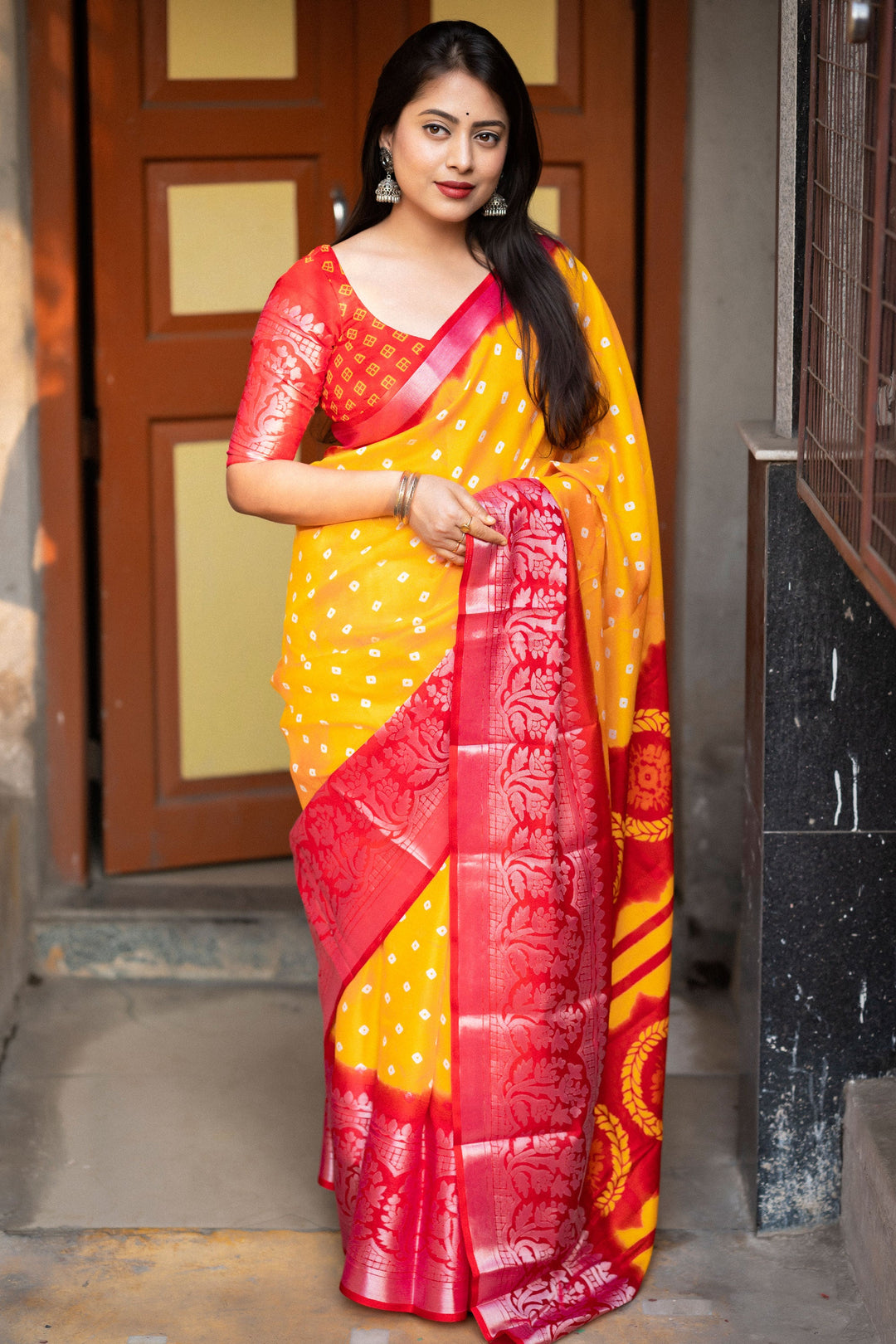Mustard Color Exquisite Bandhani Style Printed Art Silk Saree | Buy Online India