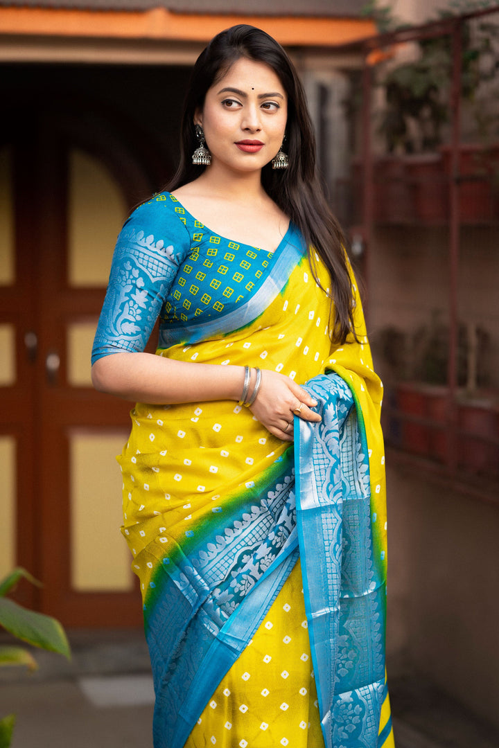 Yellow Color Graceful Bandhani Style Printed Art Silk Saree | Buy Online India