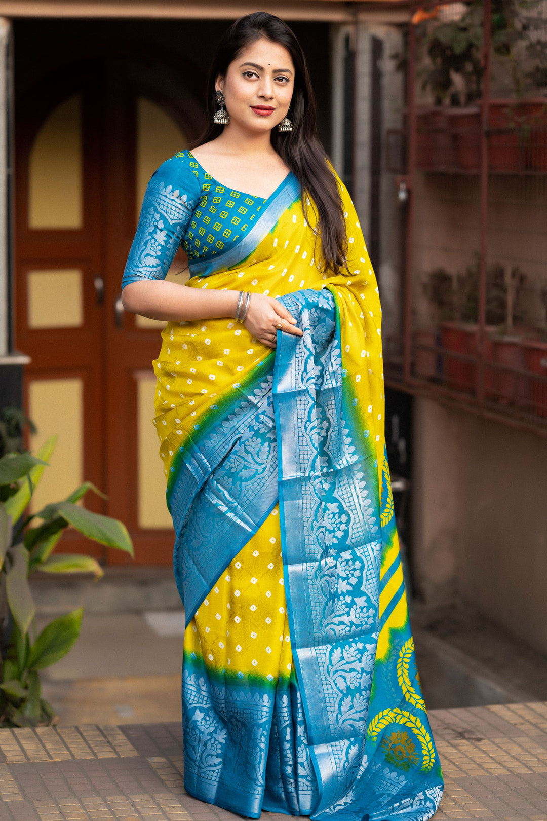 Yellow Color Graceful Bandhani Style Printed Art Silk Saree | Buy Online India