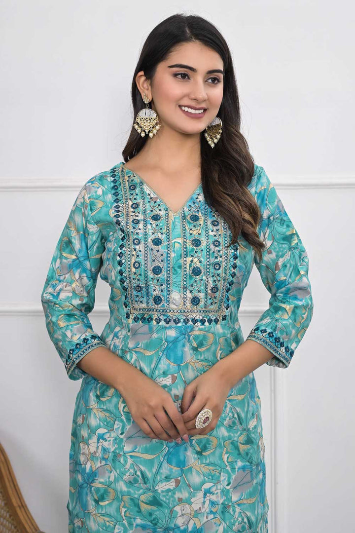 Sober Chanderi Fabric Cyan Color Kurti | Buy Online India