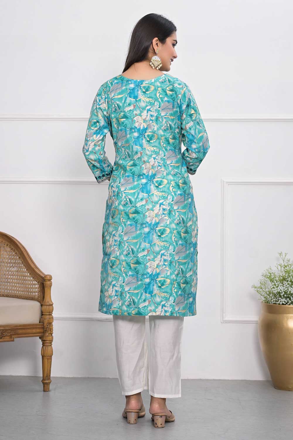 Sober Chanderi Fabric Cyan Color Kurti | Buy Online India