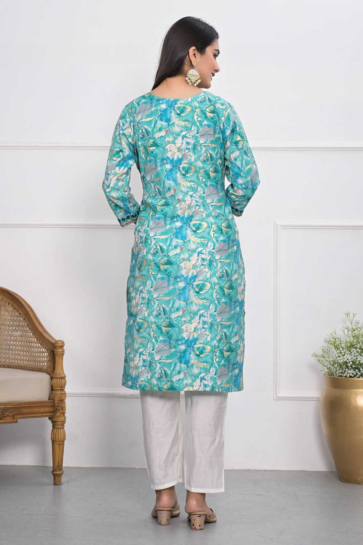 Sober Chanderi Fabric Cyan Color Kurti | Buy Online India