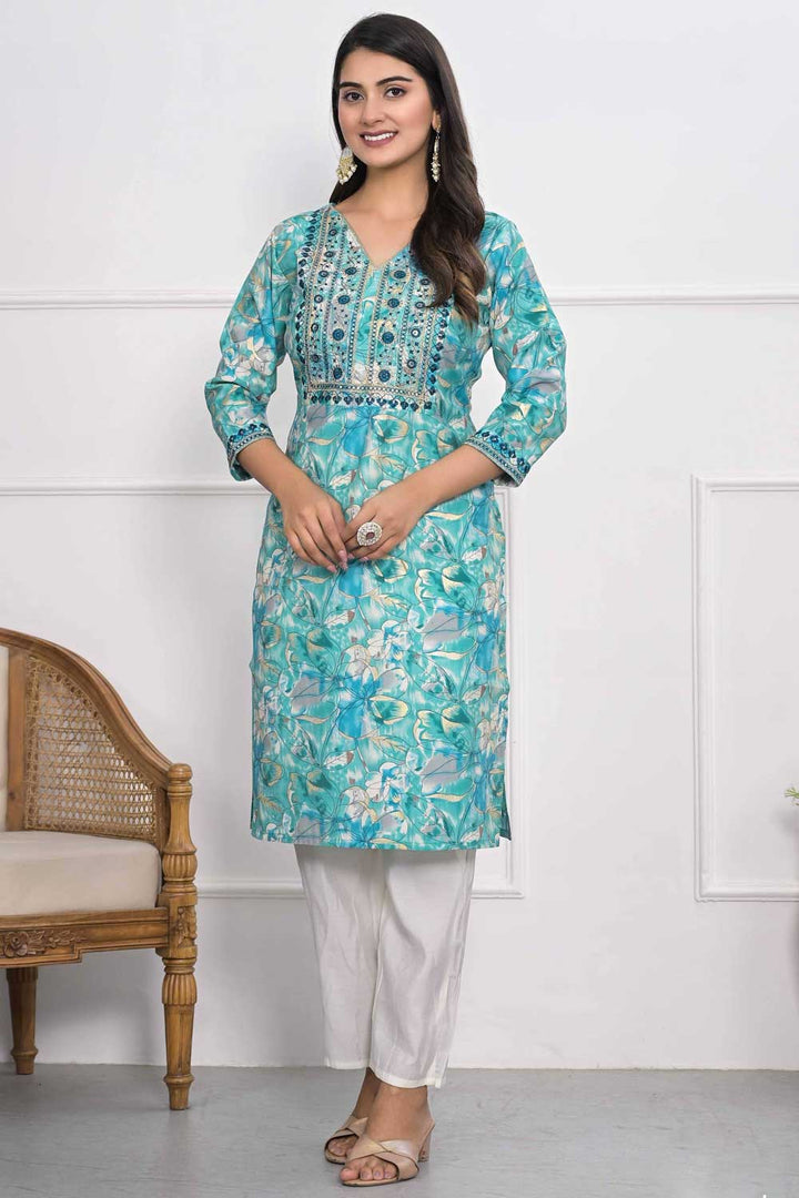 Sober Chanderi Fabric Cyan Color Kurti | Buy Online India