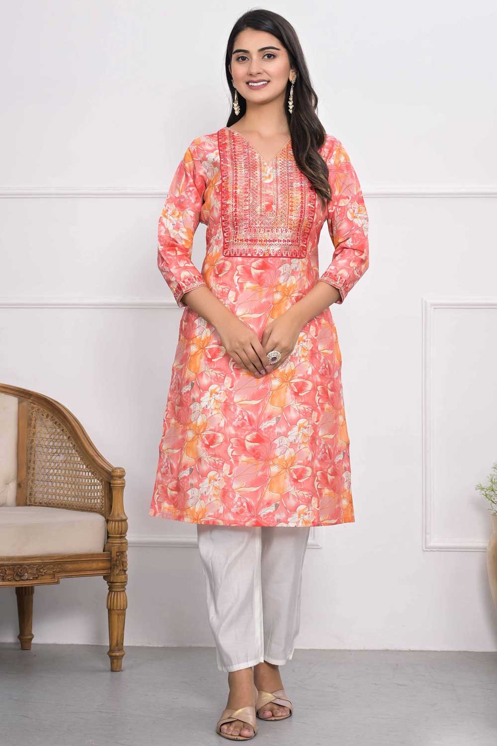 Peach Color Engaging Chanderi Fabric Kurti | Buy Online India