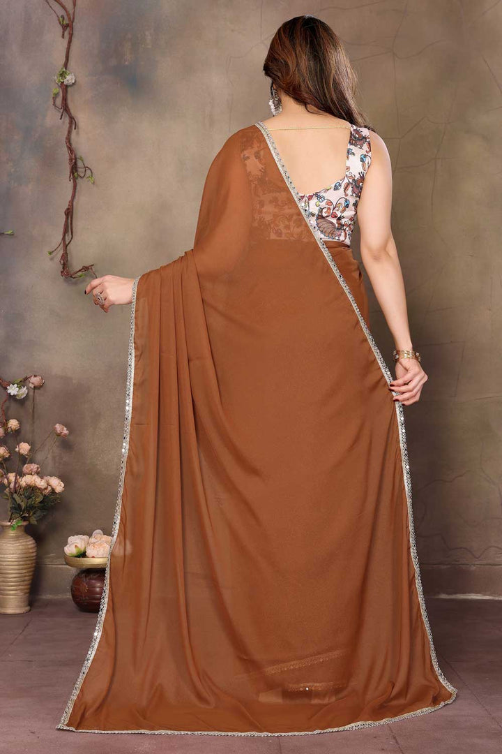 Georgette Border Work Brown Color Saree | Buy Online India