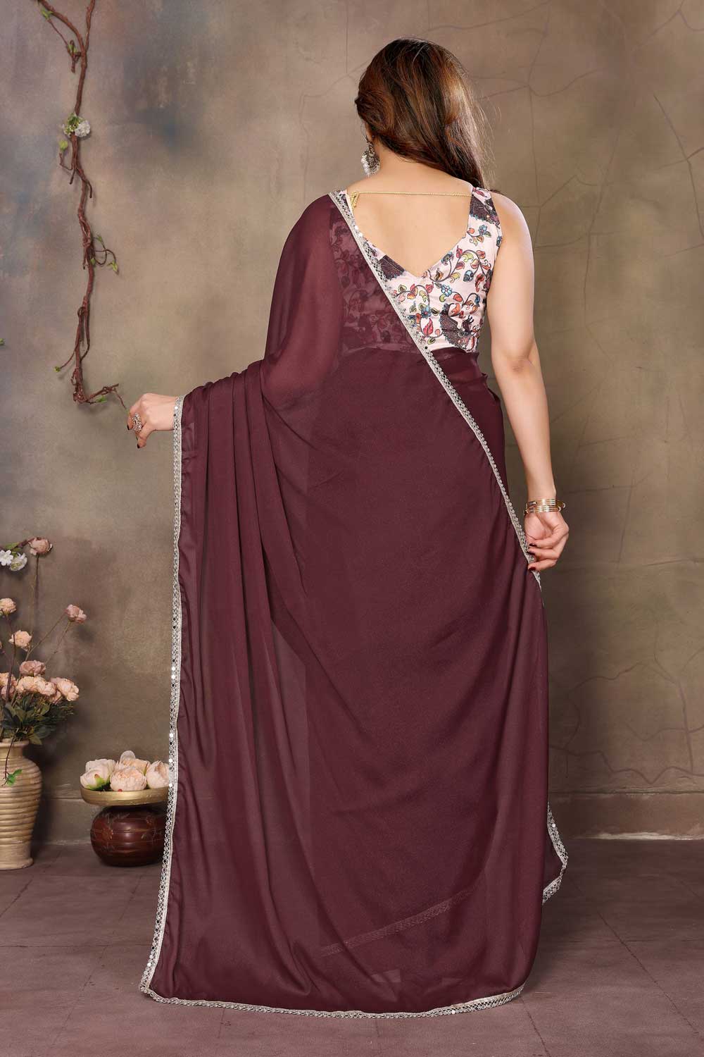 Georgette Border Work Saree In Dark Brown Color | Buy Online India