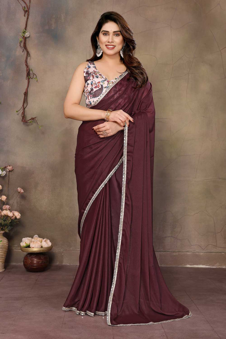 Georgette Border Work Saree In Dark Brown Color | Buy Online India