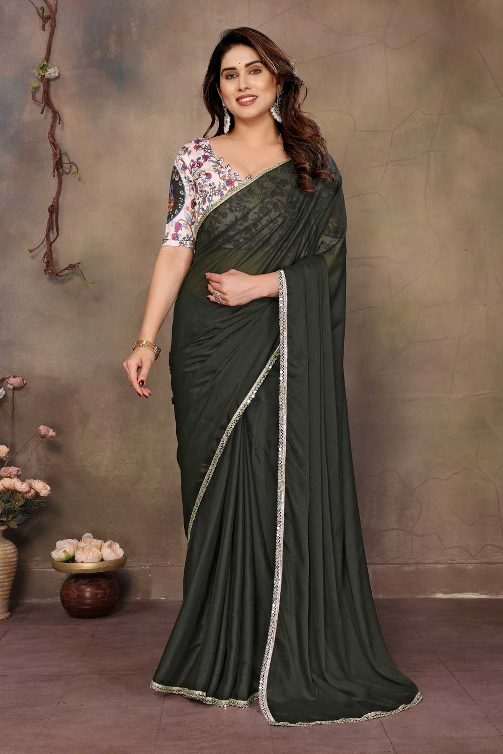Green Color Georgette Border Work Saree For Party Wear | Buy Online India
