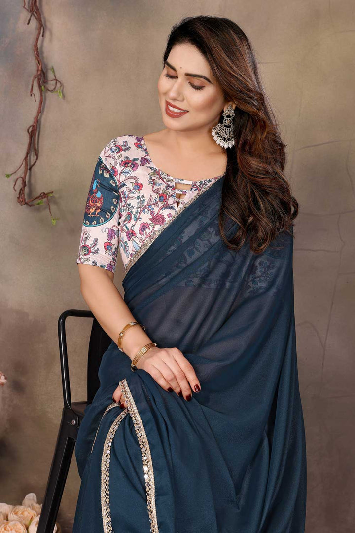 Party Wear Georgette Border Work Saree In Teal Color | Buy Online India