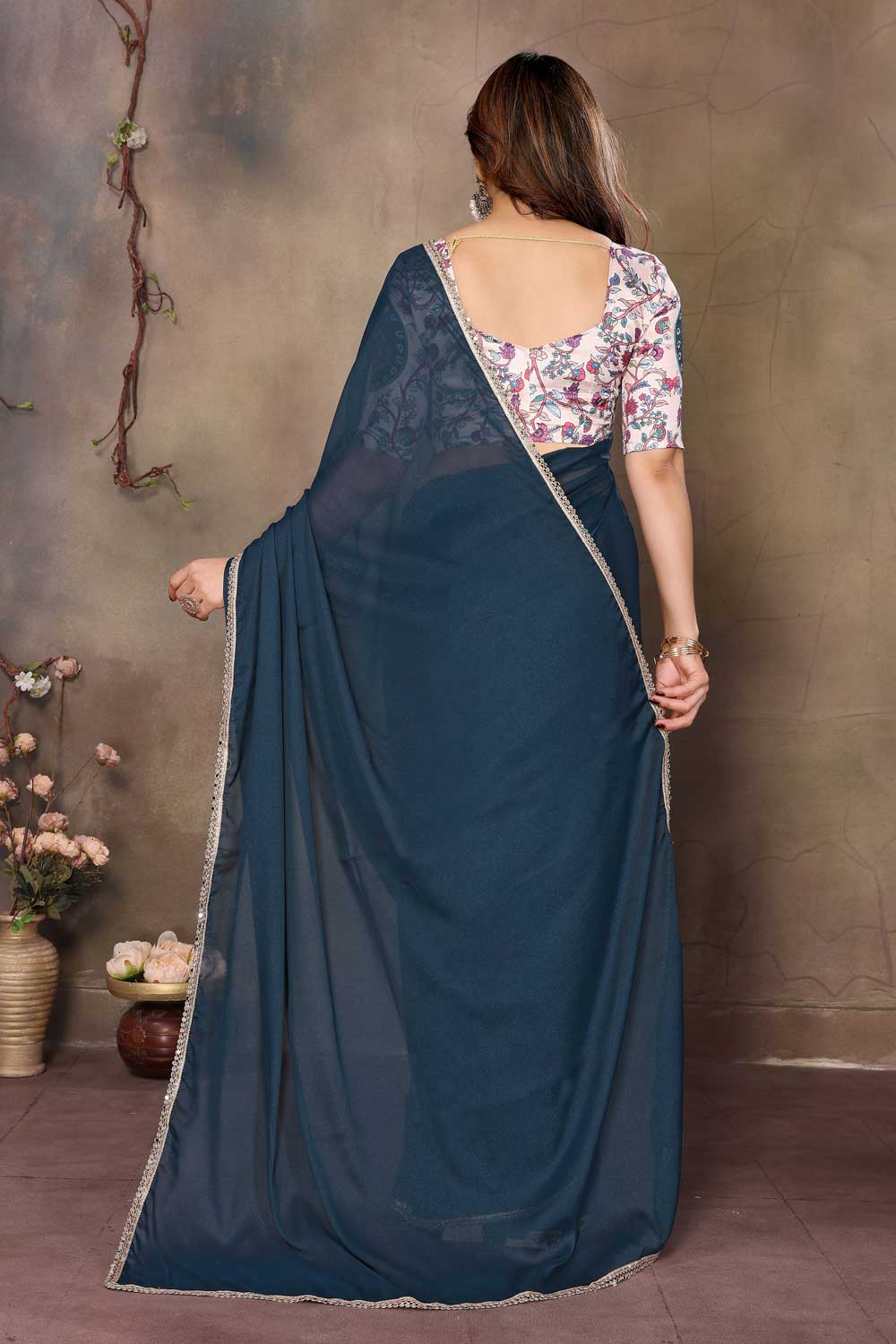 Party Wear Georgette Border Work Saree In Teal Color | Buy Online India