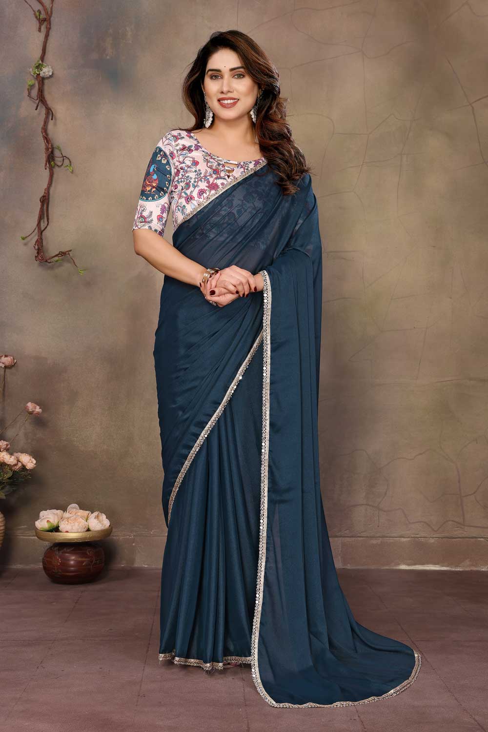 Party Wear Georgette Border Work Saree In Teal Color | Buy Online India