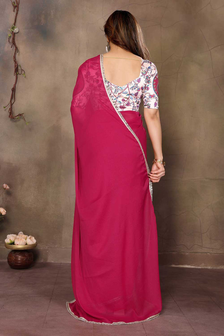 Georgette Border Work Saree In Pink Color | Buy Online India