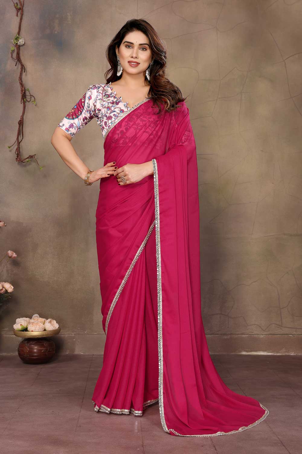 Georgette Border Work Saree In Pink Color | Buy Online India