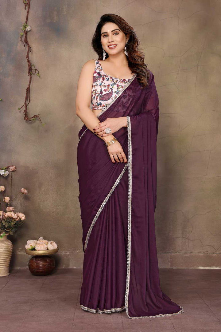 Wine Color Georgette Border Work Party Wear Saree | Buy Online India