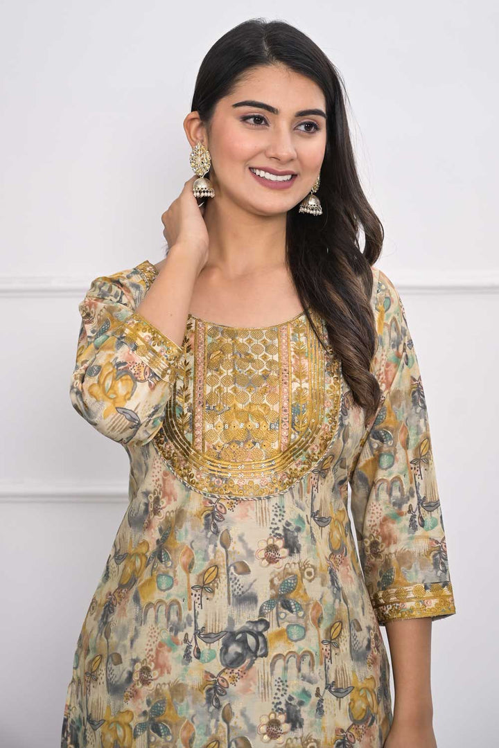 Beguiling Cream Color Chanderi Fabric Kurti With Bottom | Buy Online India