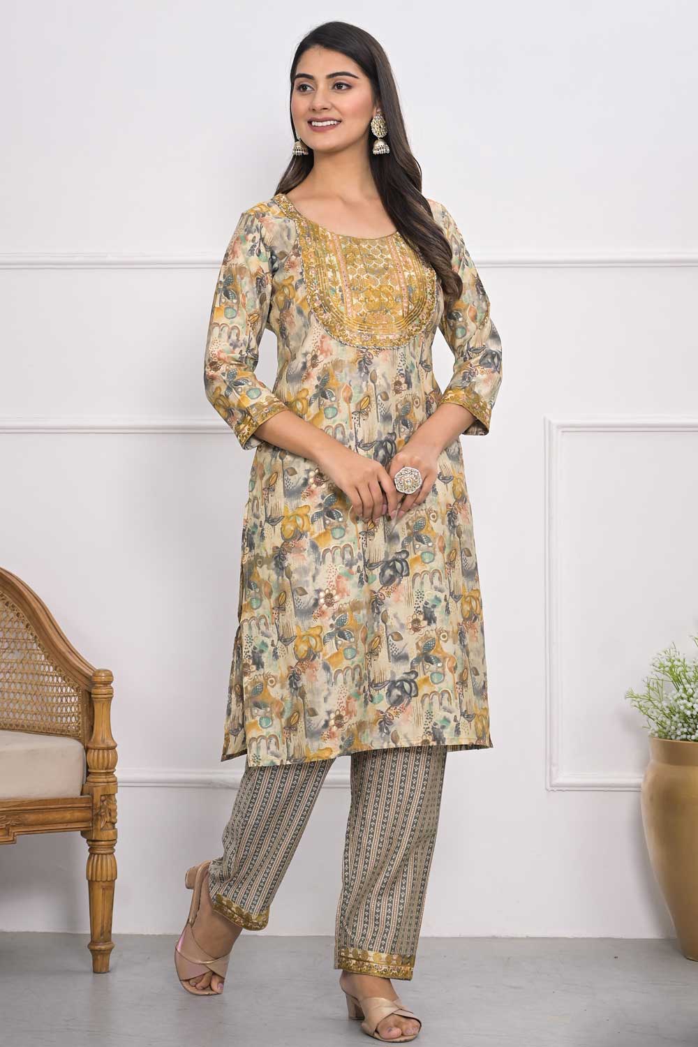 Beguiling Cream Color Chanderi Fabric Kurti With Bottom | Buy Online India