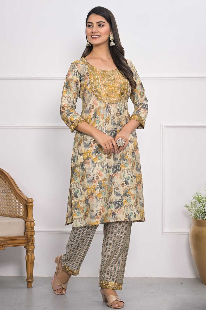 Beguiling Cream Color Chanderi Fabric Kurti With Bottom | Buy Online India