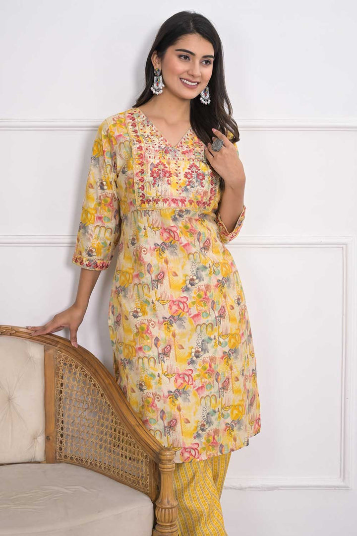 Classic Yellow Color Kurti Bottom Set in Chanderi Fabric | Buy Online India