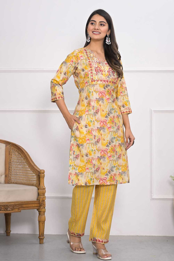 Classic Yellow Color Kurti Bottom Set in Chanderi Fabric | Buy Online India