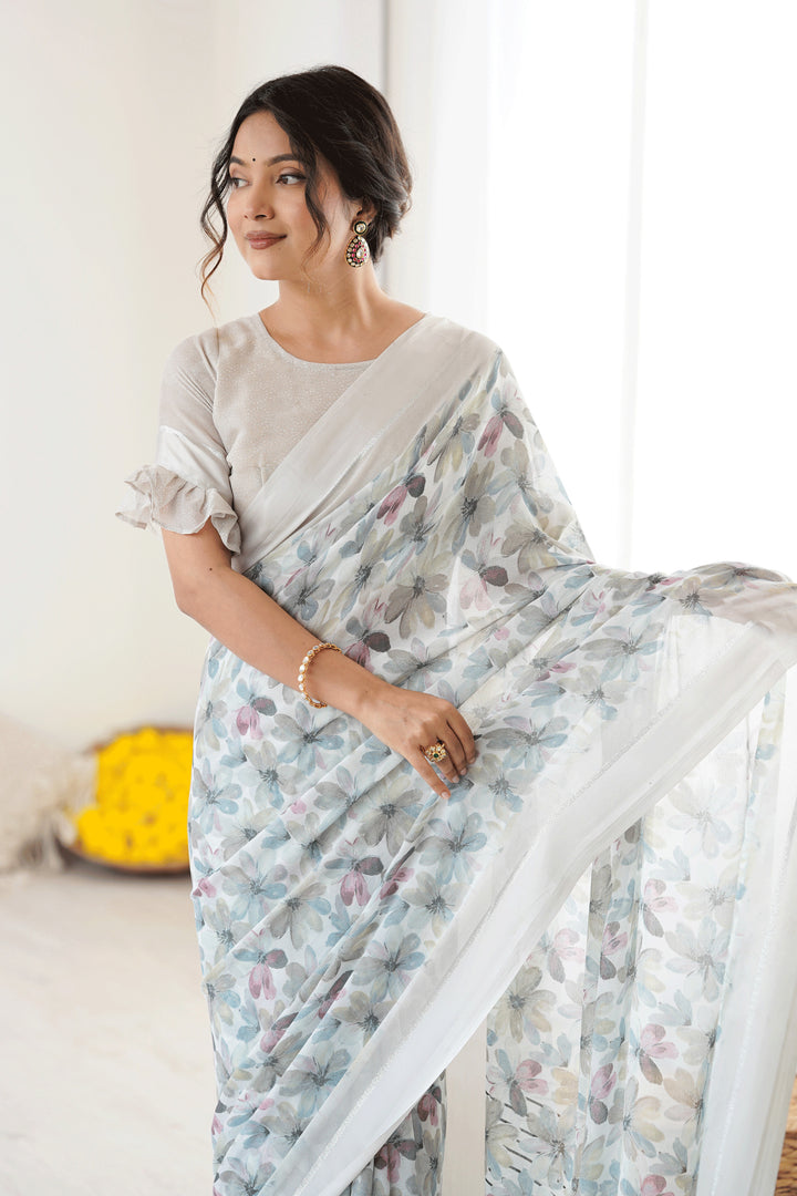 Tempting Fancy Fabric Grey Color Floral Printed Saree | Buy Online India