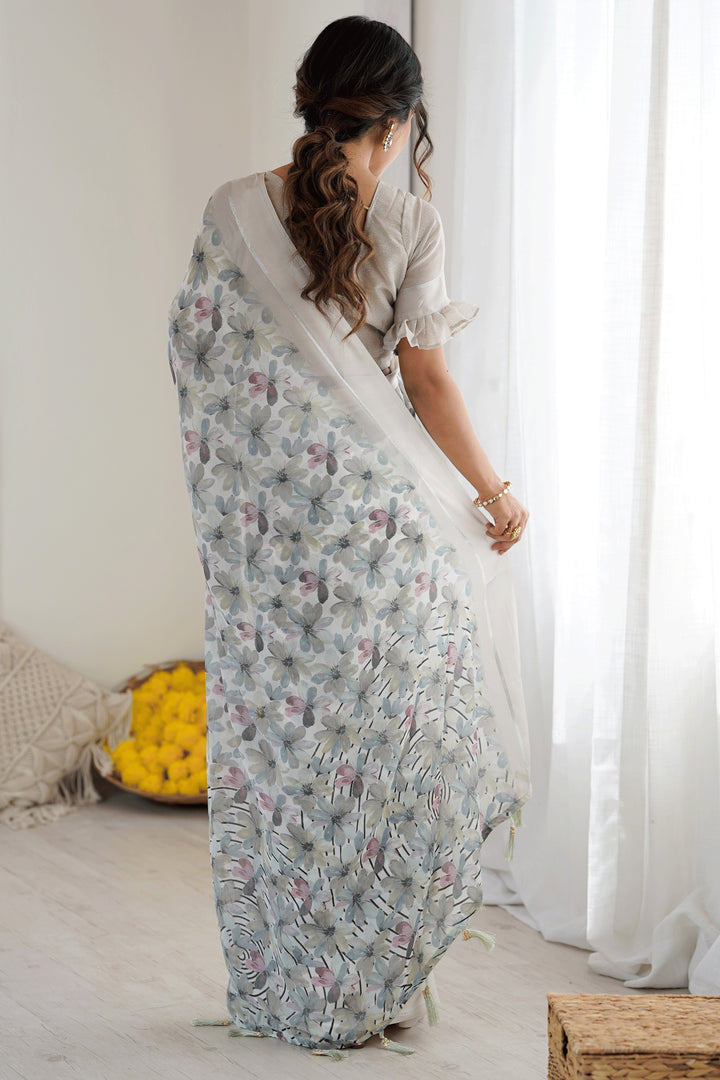 Tempting Fancy Fabric Grey Color Floral Printed Saree | Buy Online India